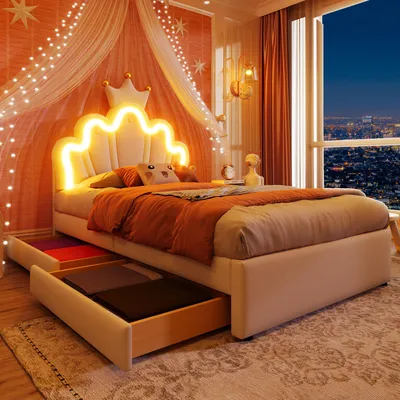 A bedroom with a bed, canopy, and city view at night.