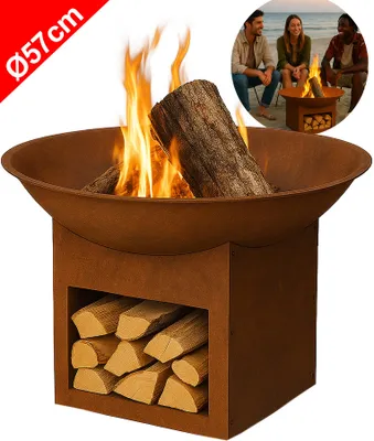 Produktbild von Feuerstelle mit Untergestell, Ø57cm, Feuerkorb für Garten & Terrasse, Lagerfeuer Feuerschale aus Metall - Rostoptik