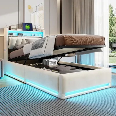 Imagen del producto de REMZETTA: Cama tapizada de 90x200 cm, cama individual con baúl hidráulico, iluminación LED, puerto USB-C, cabecero con espacio de almacenamiento, tapizada en terciopelo, color beige