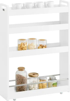 Image de NSR01 Étagère de niche, chariot de cuisine/bain avec 4 niveaux sur roulettes, blanc, lxhxp env. 18×82×60 cm