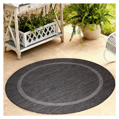 Produktbild von Runder Outdoor Teppich 160 cm Schwarz mit Bordüre Wetterfest Waschbar für Wohnzimmer Schlafzimmer Esszimmer Balkon Terrasse Garten