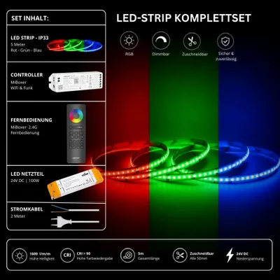 Produktbild von LED Streifen Set RGB IP33 – COB LED Streifen 24V, 14 W/m, 5m, punktfrei – SS100 Netzteil, WL5 WiFi Controller  und  C5 Fernbedienung Schwarz