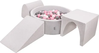 Obrázok produktu pre KiddyMoon Mäkké penové ihrisko pre deti s guľatým loptičkovým ihriskom (200 ∅ 7 cm) s mäkkými prekážkami a loptičkovým bazénom,  vyrobené v EÚ, Svetlo sivá:Biela/Grey/Púdrovo ružová, Verz