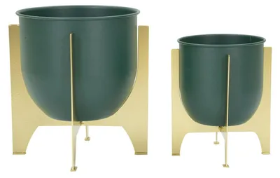 Imagen del producto de Mauro Ferretti, maceta para flores, modelo Grent Shet, juego de 2 piezas, diámetro 24,5 x 26 cm, altura 19 x 21 cm, color verde y dorado
