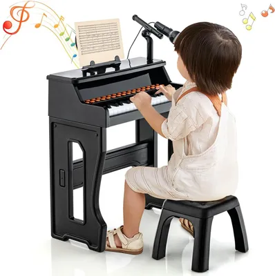 Produktbild von GOPLUS Kinder Keyboard mit 37 Tasten, Kinderklavier mit Mikrofon & abnehmbarem Notenständer & stabilem Hocker, Kinderpiano Musikinstrument (Schwarz)