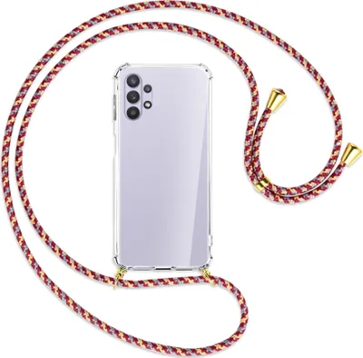 Produktbild von Handykette Backcover-Schutzhülle mit Band (Metall goldfarben) für Samsung Galaxy A32 5G - weinrot/gelb/grau