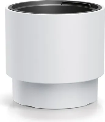 A white cylindrical planter with a black insert is shown against a white background.