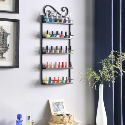 Produktbild von Metall Nagellack Regal Herz mit 5 Metall Ablagen als Rechts Wandregal Aufbewahrung fuer Nagellack oder aetherische oele Nagellackstaender Display(Schwarz)