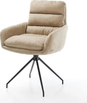 Produktbild von DELIFE Esszimmerstuhl Abelia-Flex mit Armlehnen Mikrofaser Beige Vintage Kreuzgestell konisch Schwarz