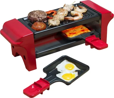 Produktbild von Bestron Raclette für 1 bis 2 Personen, Mini Tischgrill mit zwei Pfännchen und zwei Holzschabern, 350 Watt, Farbe: Rot