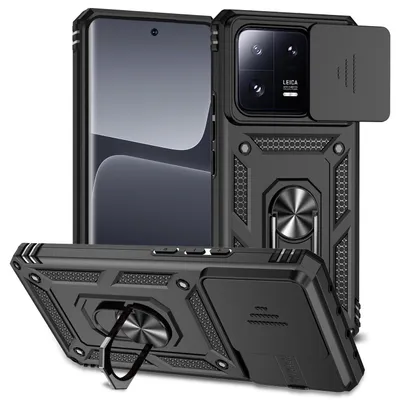 Immagine prodotto di Custodia per Xiaomi 13 Pro a doppio strato con copertura scorrevole della fotocamera e supporto ad anello nero