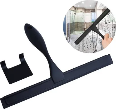 Produktbild von Duschabzieher aus Edelstahl mit Klebehaken, Badwischer, Wasserabstreifer, Fenster Spiegelabzieher, Glaswischer für Duschtür, Glastür, Fliesenwand, Auto (12inch Schwarz)