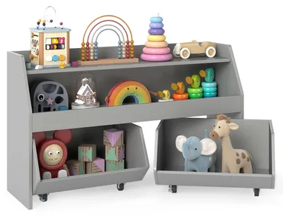 Produktbild von COSTWAY Kinderregal mit 2 Schubladen auf Rollen, Holz Kinderbücherregal mit offenen Fächern, Spielzeugregal montessori, Aufbewahrungsregal 102x30x60cm