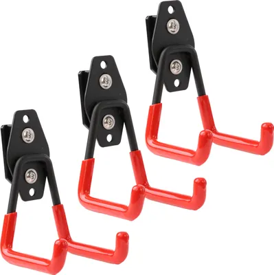 Three black and red tool hooks mounted on a white background.