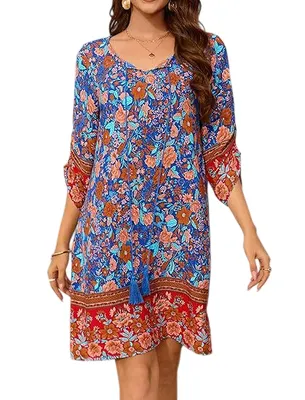 Produktbild von ASKSA Damen Bohemian Tunika Kleid Strandkleid Sommerkleider Vintage Strandkleider 3/4-Arm Rundhals Kleid Blumenmuster Tunikakleider (Rot,XL)