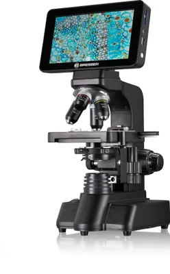 A digital microscope with a screen is shown against a white background.