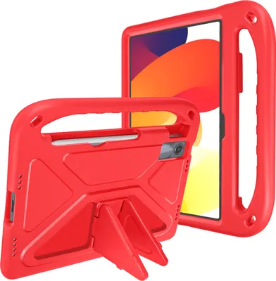 A red tablet case with a built-in handle and stand, shown from the front and back.