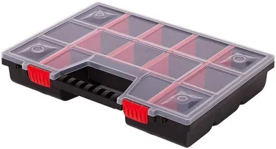 Obrázek produktu pro Unyqoos® úložná krabička s 15 nastavitelnými přihrádkami – organizér pro drobné předměty, průhledné víko, polypropylen, rozměry 390 x 290 x 65 mm, hmotnost 610 g