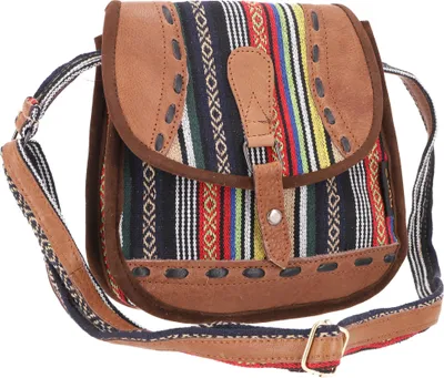 Produktbild von Ethno Schultertasche mit Leder, Große Nepaltasche - Bunt, Uni - Erwachsene, Mehrfarbig, Baumwolle, 23*24*10 cm, Alternative Umhängetasche, Handtasche aus Stoff