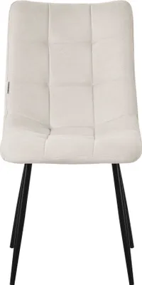 A single beige dining chair with black metal legs is shown against a white background.