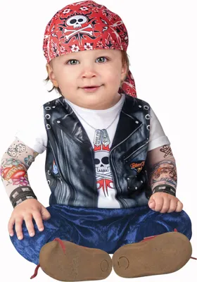 A baby wearing a biker costume.