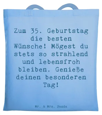 Produktbild von Mr. & Mrs. Panda Tote Bag Spruch 35. Geburtstag Glückwünsche - Sky Blue - Geschenk, Shopping Tasche, Jutebeutel, Happy Birthday, liebevolle Wünsche, Stoffbeutel, Alter
