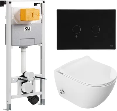 Immagine prodotto di Domotechnika | Set di vasi sospesi Viba - cassetta di sicurezza - cassetta senza bordo - bianco - bidet integrato - superficie Easy Clean - pomolo nero