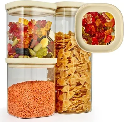 Produktbild von Borosilicaatglas-Set aus 3 Stück - Luftdichte Gläser - Stapelbar für Küche - Vierkantiger Behälter