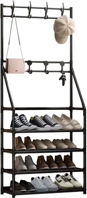 Image de Porte-chaussures et porte-crochets à 4 étages, peu encombrant, 60 x 28 x 145 cm, en bois