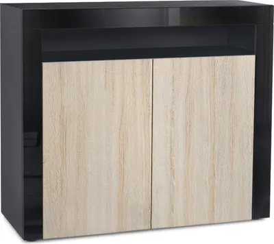Produktbild von Vladon Kommode Valencia, Germany, Sideboard mit 2 Türen und 1 offenem Fach, Schwarz matt/Eiche sägerau/Schwarz Hochglanz (108 x 92 x 40 cm)