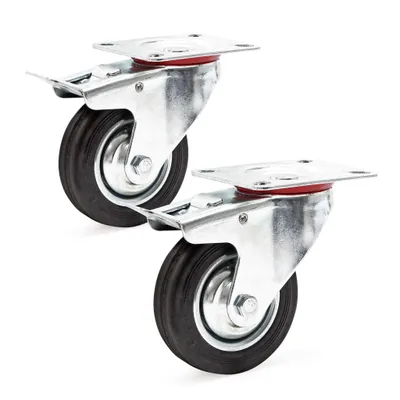 Produktbild von Wiltec Doppelstopp-Lenkrollen Set 2x Vollgummirad Transportrolle 100mm bis 70kg pro Rad mit Feststellbremse und Anbauplatte, leiser Lauf, Transportrollen Möbelrollen