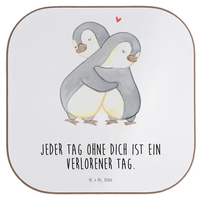 Produktbild von Mr. & Mrs. Panda Tischuntersetzer Pinguine Kuscheln - Weiß - Geschenk, Hochzeitstag, Valentinstag, Untersetzer Gläser, gläseruntersetzer, Jahrestag, Coaster, für Freundin
