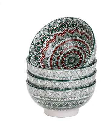 Zdjęcie produktu dla Zestaw 4 misek na musli, porcelana, kolor zielony, pojemność 650 ml, styl bocheński