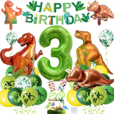 Dino-Geburtstagsdeko XXL, Zahl 3, Folienballon, grüne Ballons, 40-teilig