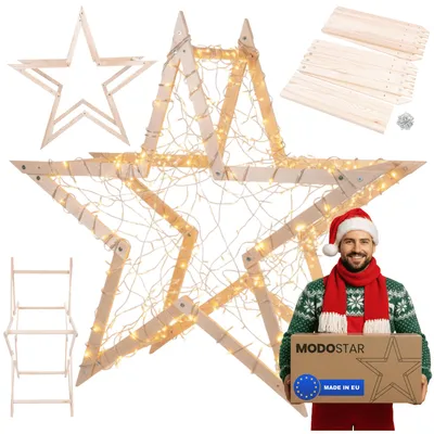 Produktbild von MODO24 3D Weihnachtsstern Holz MODOSTAR Set, Holzstern, Deko Stern,Holz, Faltbar, Outdoor Garten Wetterfest, 139 cm, Natur Imp, GWZ