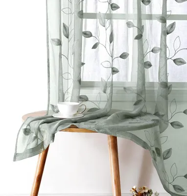 Produktbild von Transparente Vorhänge in Salbeigrün, 132 x 160 cm Länge, 2 Bahnen, besticktes Blättermuster, Taschen, Kunstleinen, florales Muster, halbtransparenter Voile-Fenstervorhang/Gardinen für Schlafzimmer und Wohnzimmer