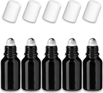 Produktbild von 5x Glasflasche schwarz 15 ml Roll-on mit weißem Verschluss Set leer