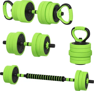 Zdjęcie produktu dla Zestaw hantli 4 w 1 20 kg Regulowane hantle i sztanga Kettlebell Uchwyty do pompek w kolorze zielonym