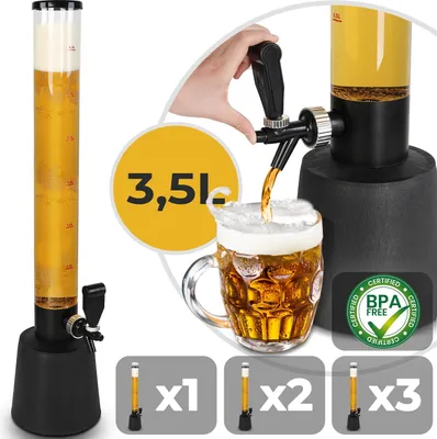 Produktbild von Jago® Biersäule mit Zapfhahn - 3.5L Volumen, 90cm hoch, Füllstandsanzeige, mit Ständer, BPA-frei, LFGB Standard - Biertower, Getränkesäule, Trinksäule, Bierspender, Getränkespender, Zapfanlage