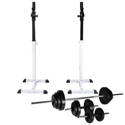 Zdjęcie produktu dla Stojak na sztangę w zestawie ze sztangą i hantlami, 30,5 kg