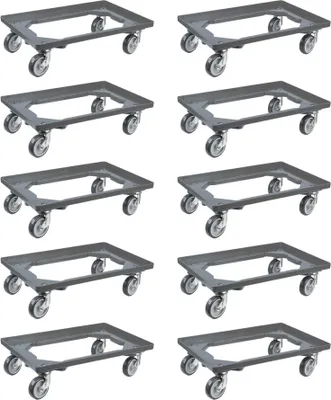 Produktbild von SparSet 10x Transportroller für Euroboxen 60x40cm mit Gummiräder grau | Offenes Deck | 2 Lenkrollen & 2 Bockrollen | Traglast 300kg | Kistenroller Logistikroller Rollwagen Profi-Fahrgestell