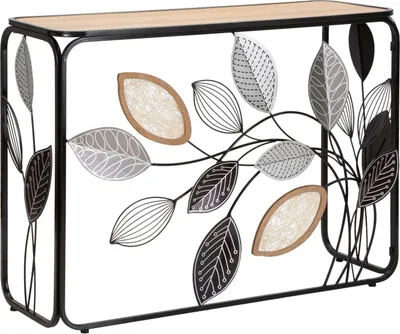 Produktbild von Konsolentisch "Herbst" 108 x 36,8 x 80 cm aus schwarzem Metall mit dekorativen Blättern und brauner Holzplatte – Boho-Chic-Design