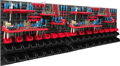 Image de Système de rangement Étagère d'atelier | 230 x 78 cm | 52 pièces Boîte | Étagère murale avec supports pour outils et boîtes empilables - Panneaux muraux Étagère à bacs extra-robuste Panneau perforé pour outils Étagère de rangement Étagère de garage