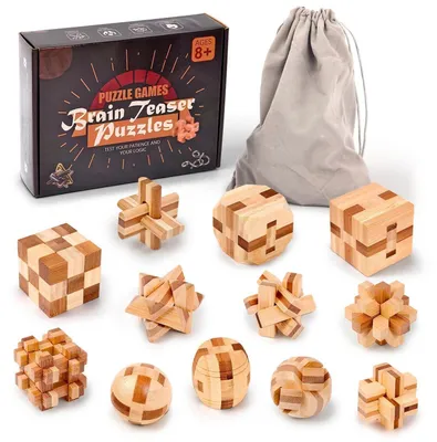 Produktbild von Holz Knobelspiele 12 Stück 3D Mini Puzzle Denkspiele Set für Erwachsene & Kinder 4.5cm
