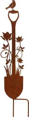 Produktbild von Gartenstecker Spaten Schaufel mit Blumen und Vogel Metall Gartendeko Rost Edelrost rostiger Beetstecker Rostfigur für den Garten Rankhilfe Deko Figur