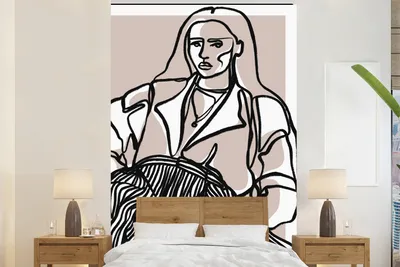 Produktbild von MuchoWow® Fototapete für Wohnzimmer oder Schlafzimmer Wandtapete Vinyl Motivtapete Porträt - Frau - Strichzeichnung - Pastell - 200x300 cm - Wanddekorationen