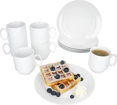 Immagine prodotto di set da colazione 12 pezzi Tommy in porcellana bianca 6 persone piatti tazze impilabili