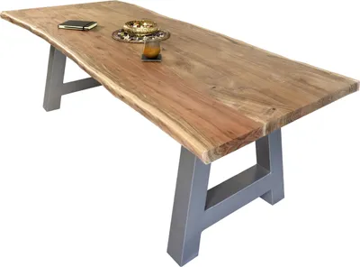 Produktbild von Esstisch Baumkante massiv Akazie Natur 300 x 100 A-Gestell silber CALI