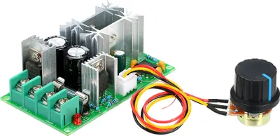 A circuit board with a potentiometer and wires, isolated on a white background.