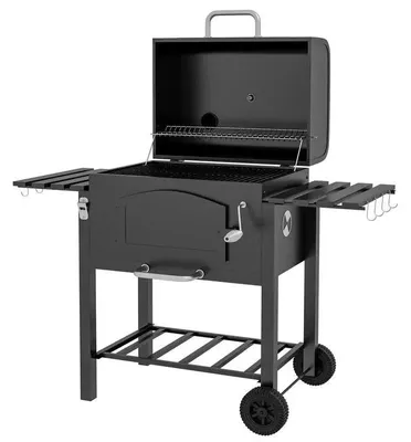 Obrázok produktu pre Drevený uhlíkový gril BBQ – grilovací vozík – nastaviteľná nádoba na uhlie – bočné odkladacie plochy – 124 x 66 x 112 cm – čierna farba